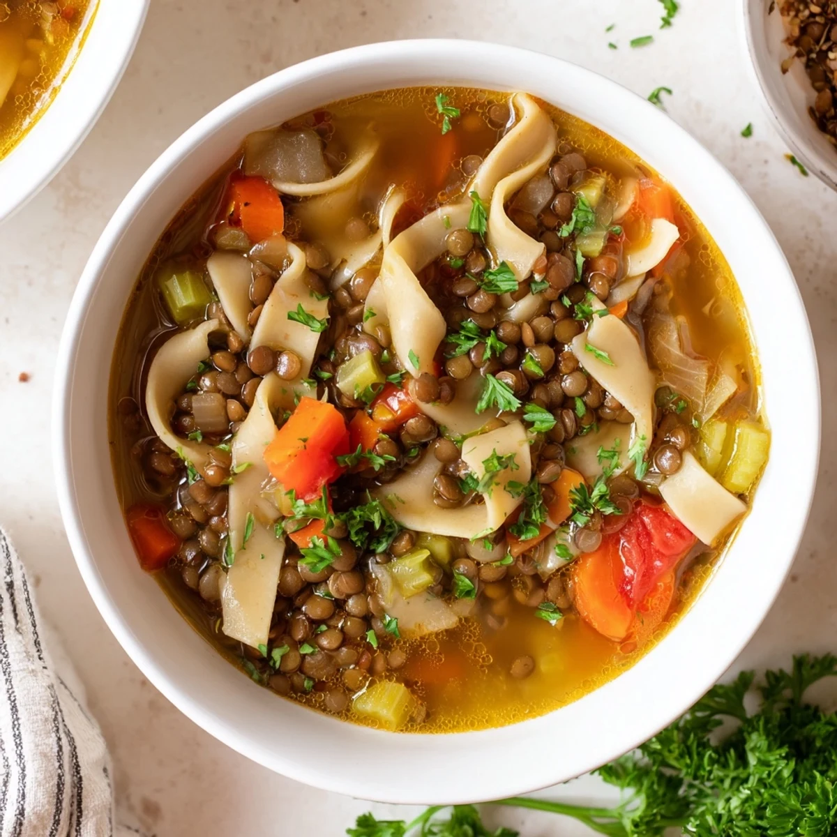 Comforting pot of Lentil Noodle Soup simmering with tender lentils, carrots, and egg noodles.