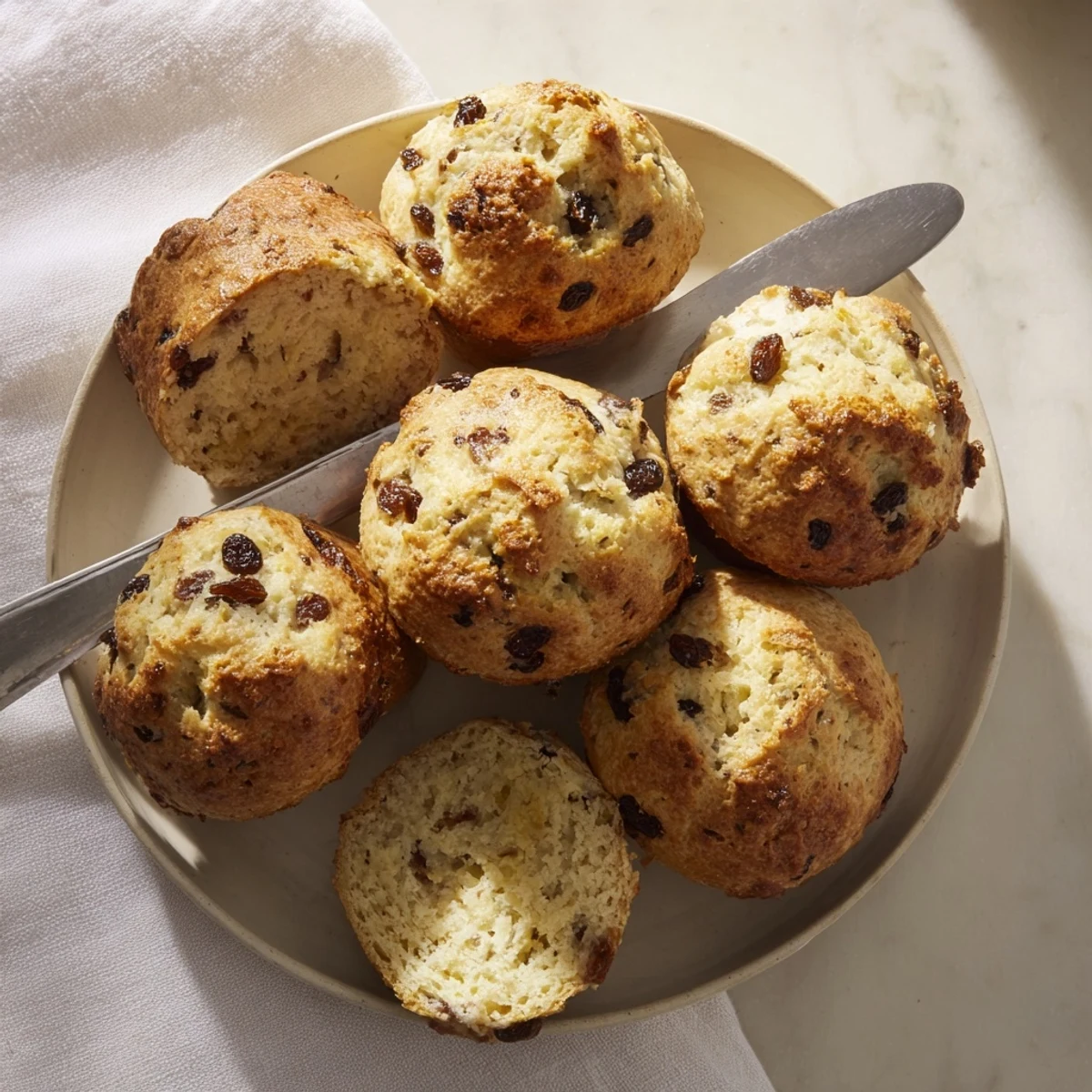 A close-up of Irish Soda Bread Muffins shows a crispy crust and scattered raisins on a rustic wooden table.