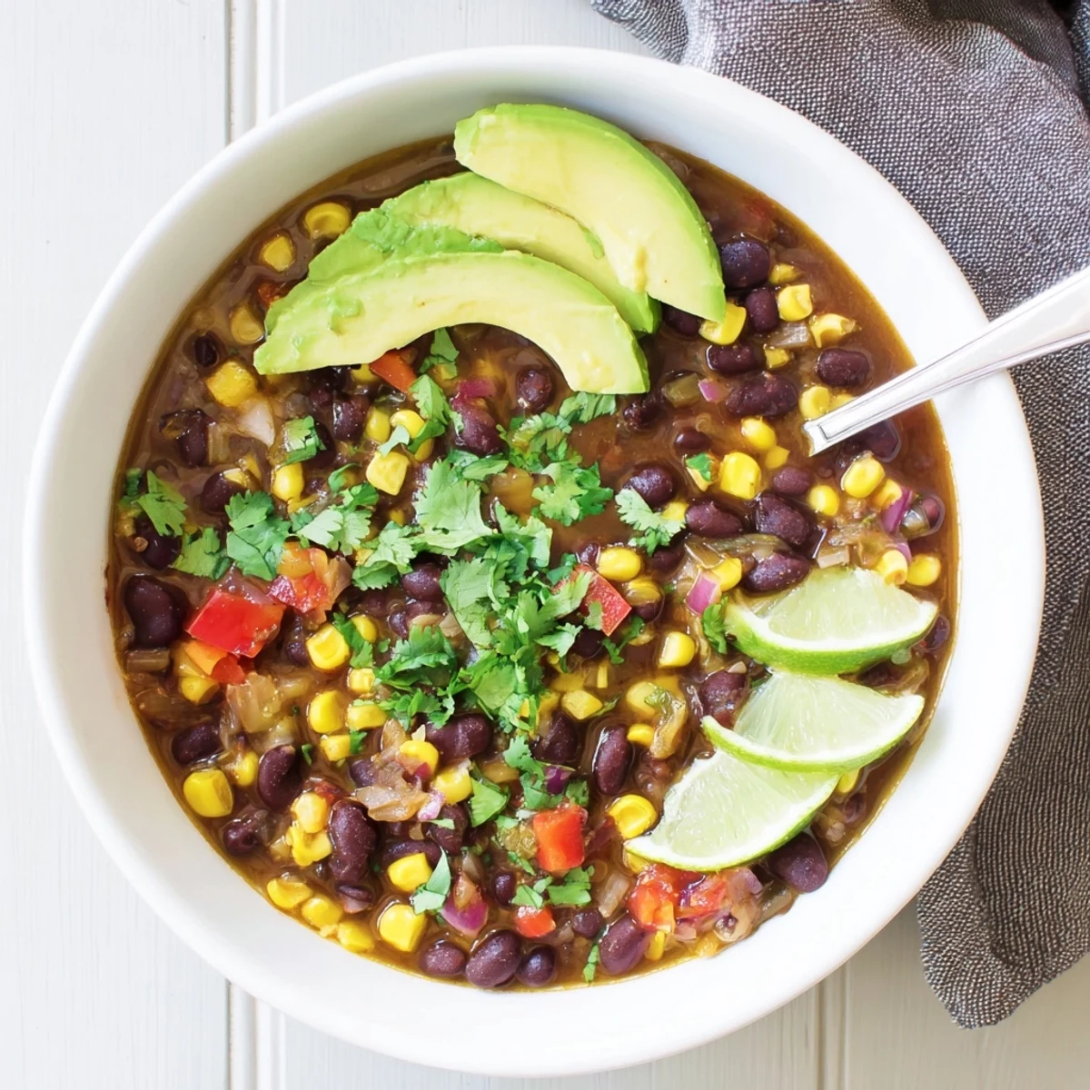 A bowl of Black Bean Corn Chili Lime Delight garnished with fresh cilantro and creamy avocado.