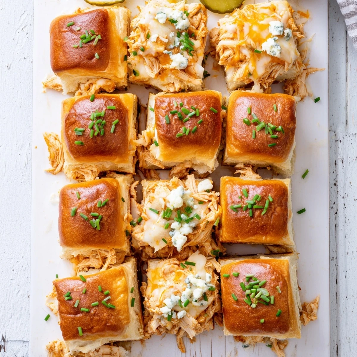 Golden-baked Buffalo Chicken Pizza Dip Sliders rest on a wooden board, garnished with fresh chives.