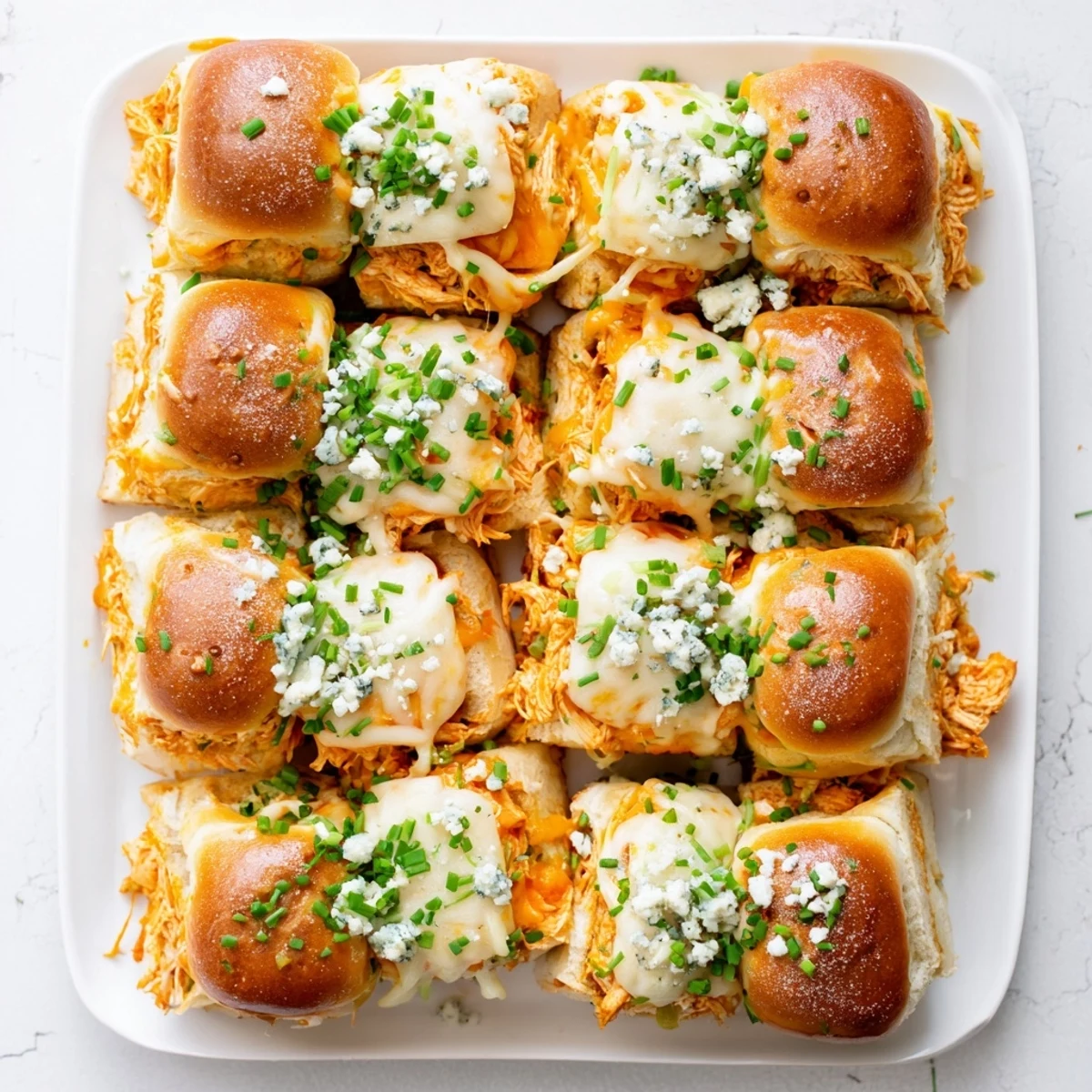 A platter of Buffalo Chicken Pizza Dip Sliders serves game day, with a side of ranch.