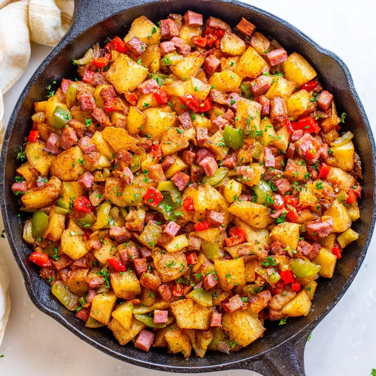 Golden crispy Corned Beef Hash Skillet with diced bell peppers and onions sizzling in a cast iron pan.