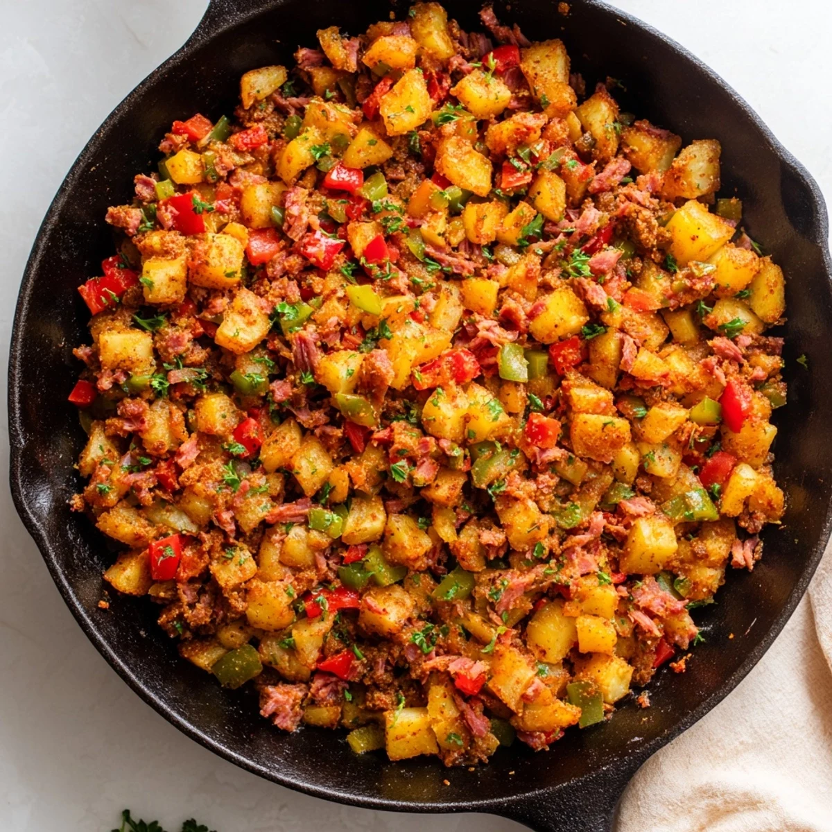 A rustic serving of Corned Beef Hash Skillet topped with sunny side up eggs and fresh parsley garnish.