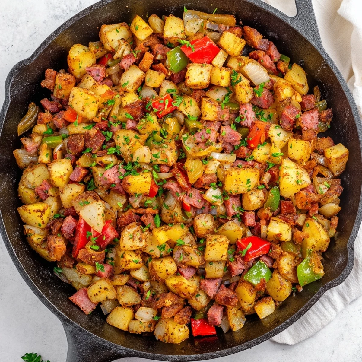 Hearty Corned Beef Hash Skillet with tender potatoes and colorful bell peppers ready for a savory brunch.