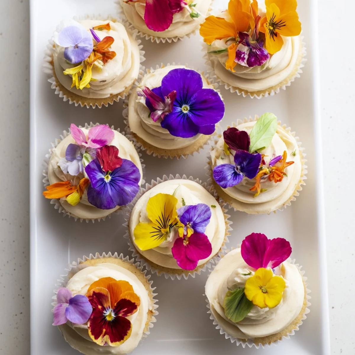 Wild Flower Cupcakes with vanilla buttercream and edible wildflowers garnish, ideal for spring gatherings.