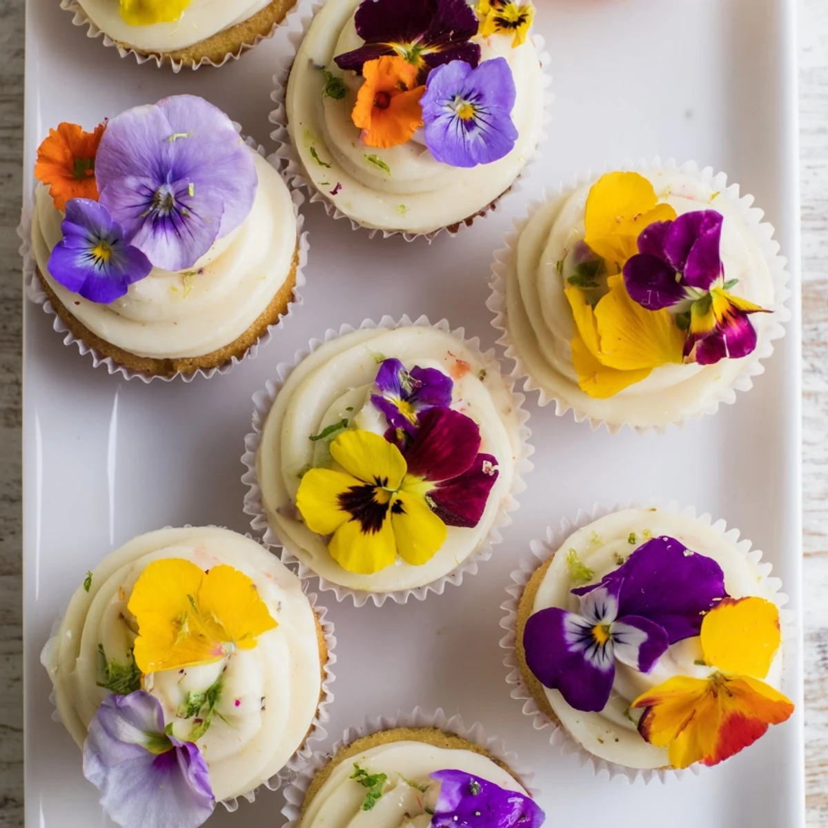 A plate of Wild Flower Cupcakes shows delicate vanilla crumbs, pastel buttercream swirls, and floral accents.