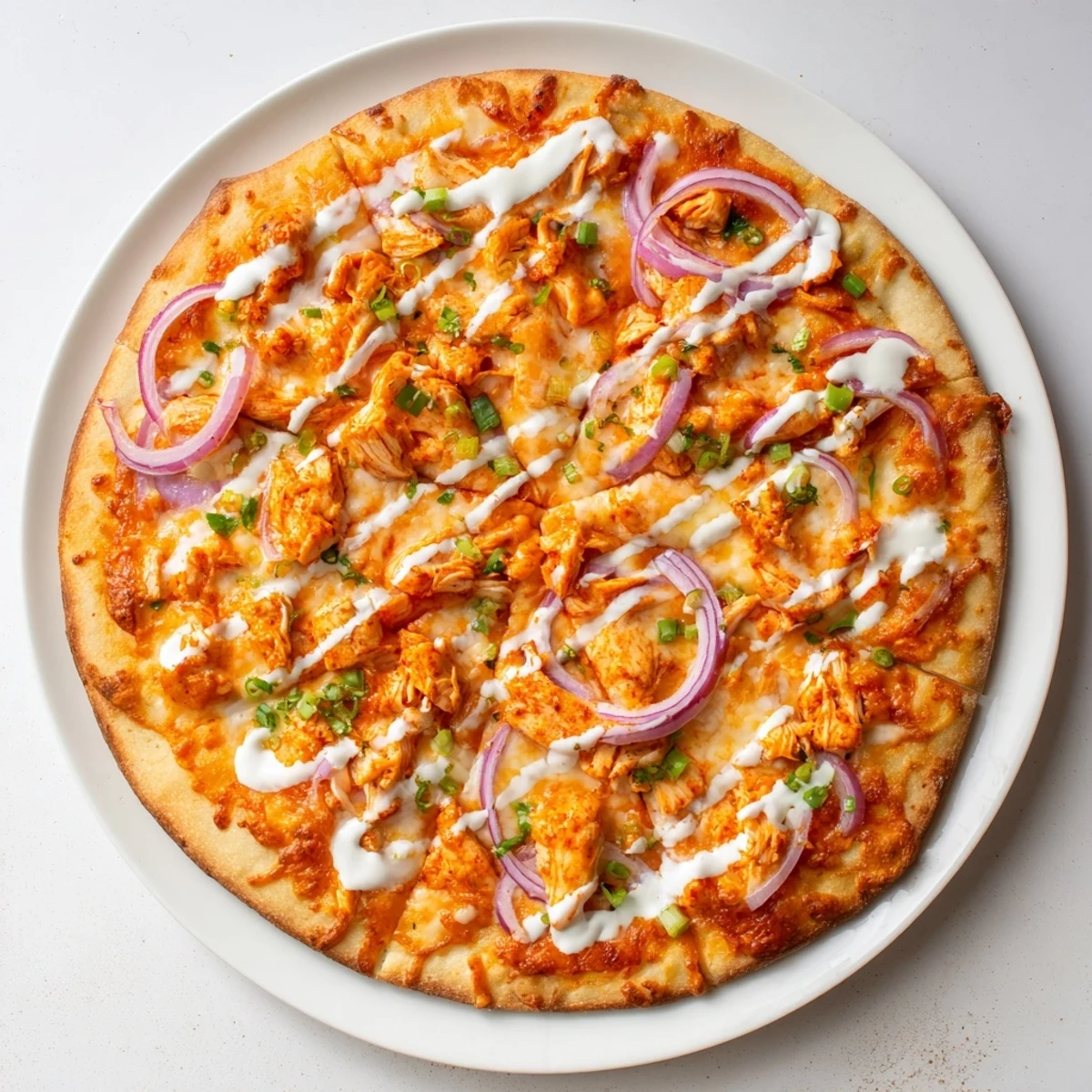 Sizzling Bold Buffalo Chicken Pizza on a baking sheet, bubbly cheese and crispy crust ready to serve.