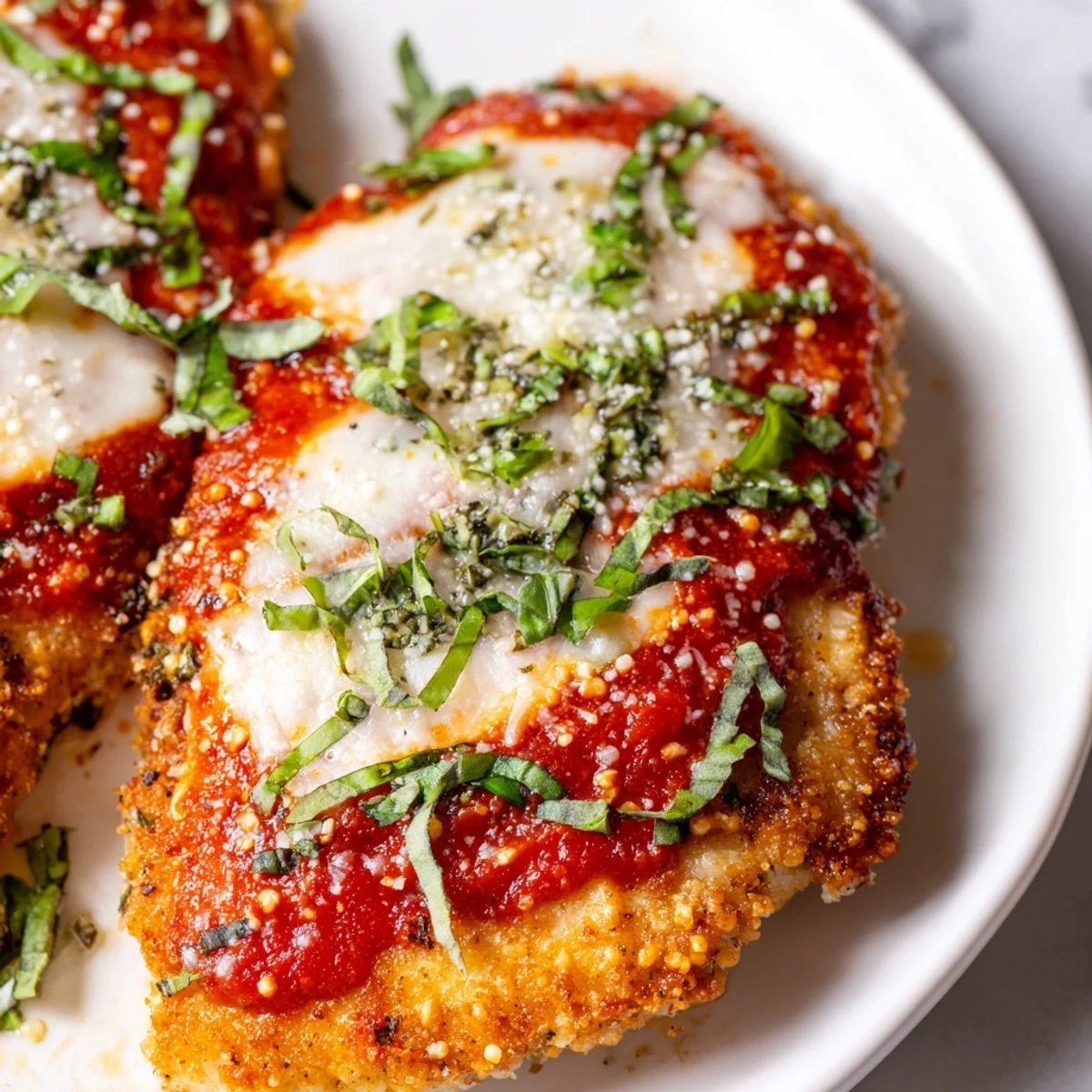 Golden-brown Amazing 15 Minute Keto Chicken Parmesan in a skillet topped with melted mozzarella and fresh basil.