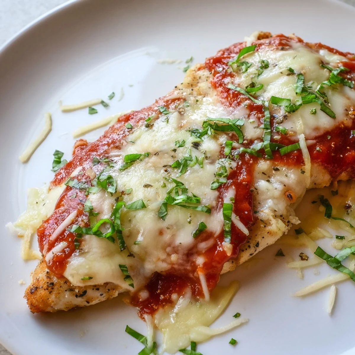 The Amazing 15 Minute Keto Chicken Parmesan served with a side salad and zucchini noodles on a rustic table.