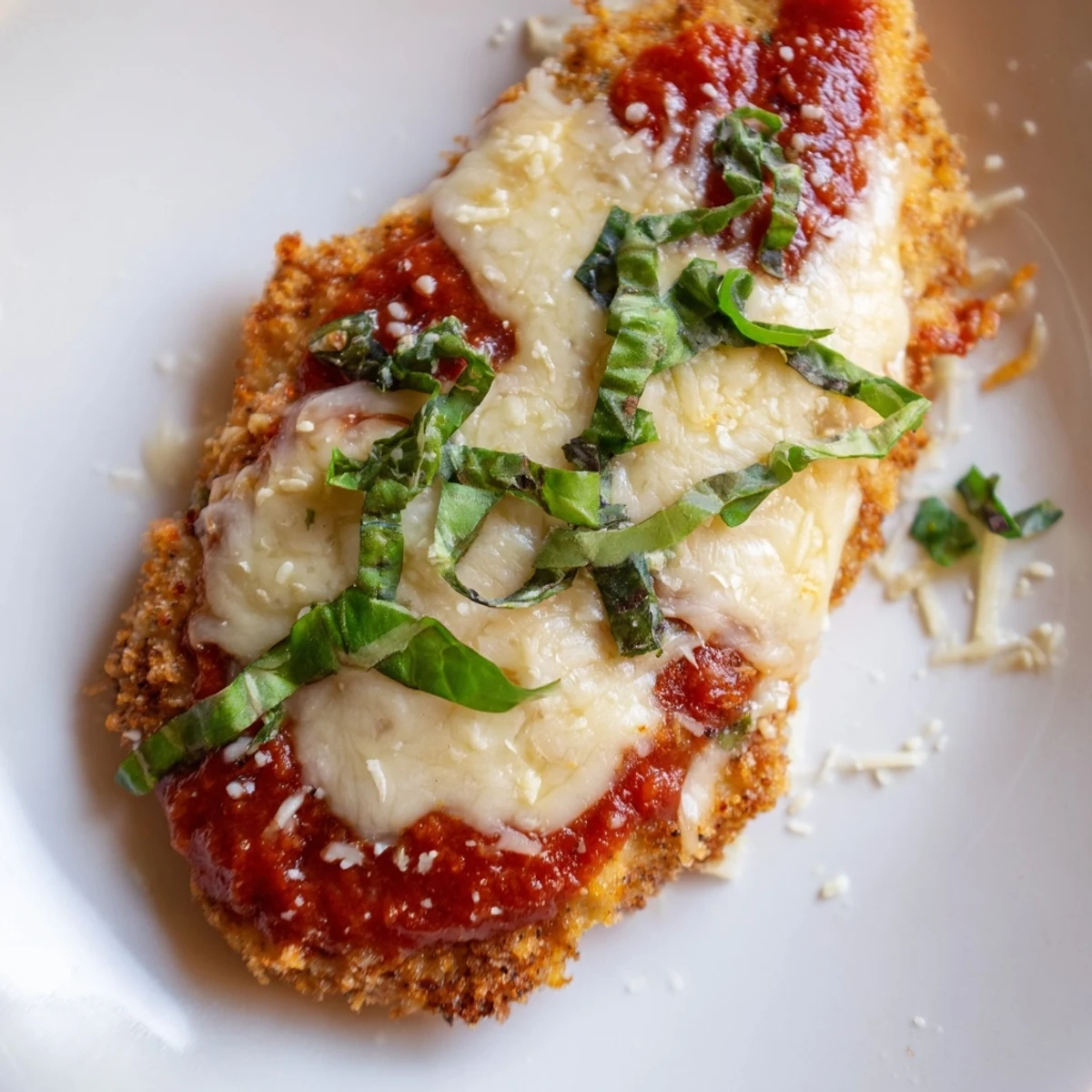 Close-up of Amazing 15 Minute Keto Chicken Parmesan showing bubbling cheese and rich tomato sauce on juicy chicken.