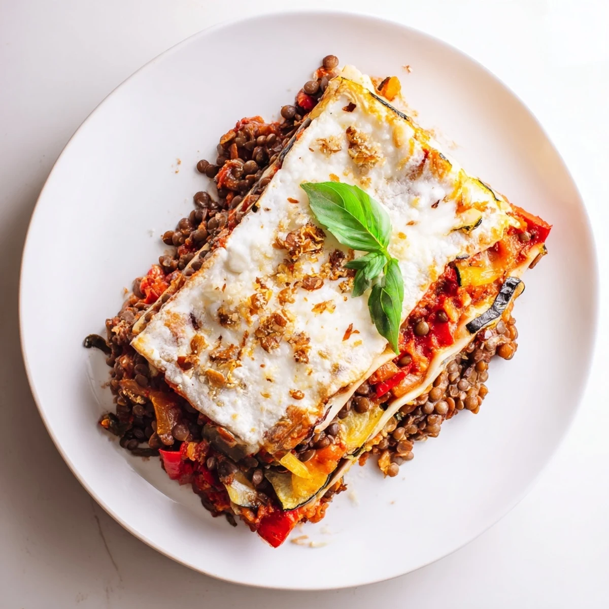 Golden-brown Smoky Veggie Lentil Lasagna topped with melted mozzarella and fresh basil, ready to serve.