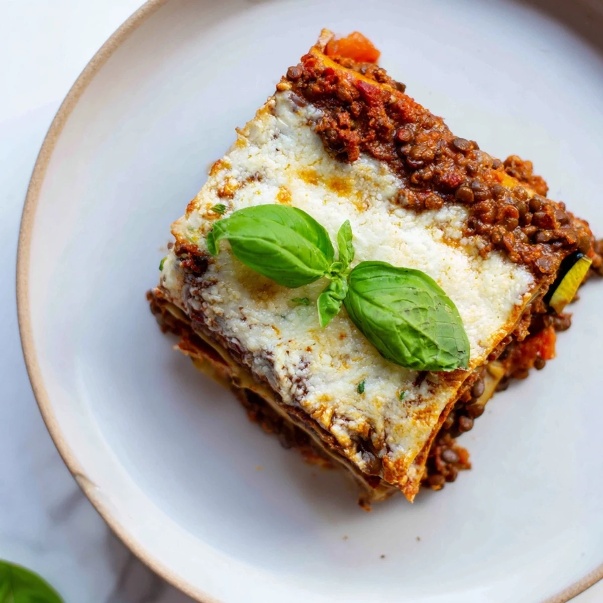 Hearty slice of Smoky Veggie Lentil Lasagna revealing layers of lentils, smoky veggies, and noodles.