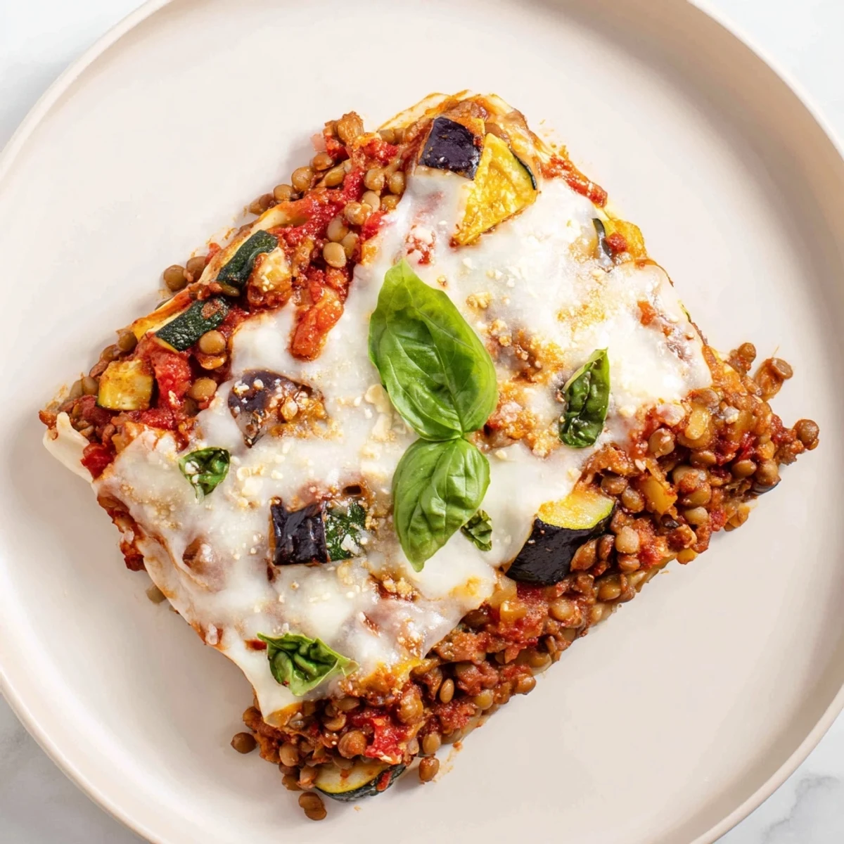 Smoky Veggie Lentil Lasagna with creamy béchamel and roasted vegetables on a rustic wooden table.