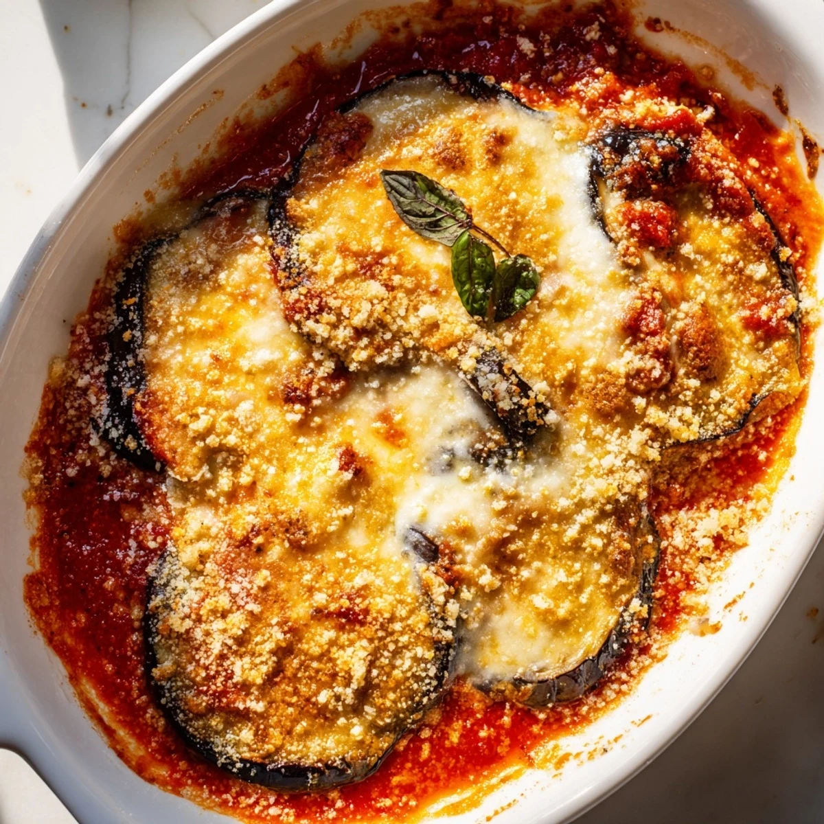 Freshly baked Charred Aubergine Parmigiana emerges from the oven with melted mozzarella and golden edges.