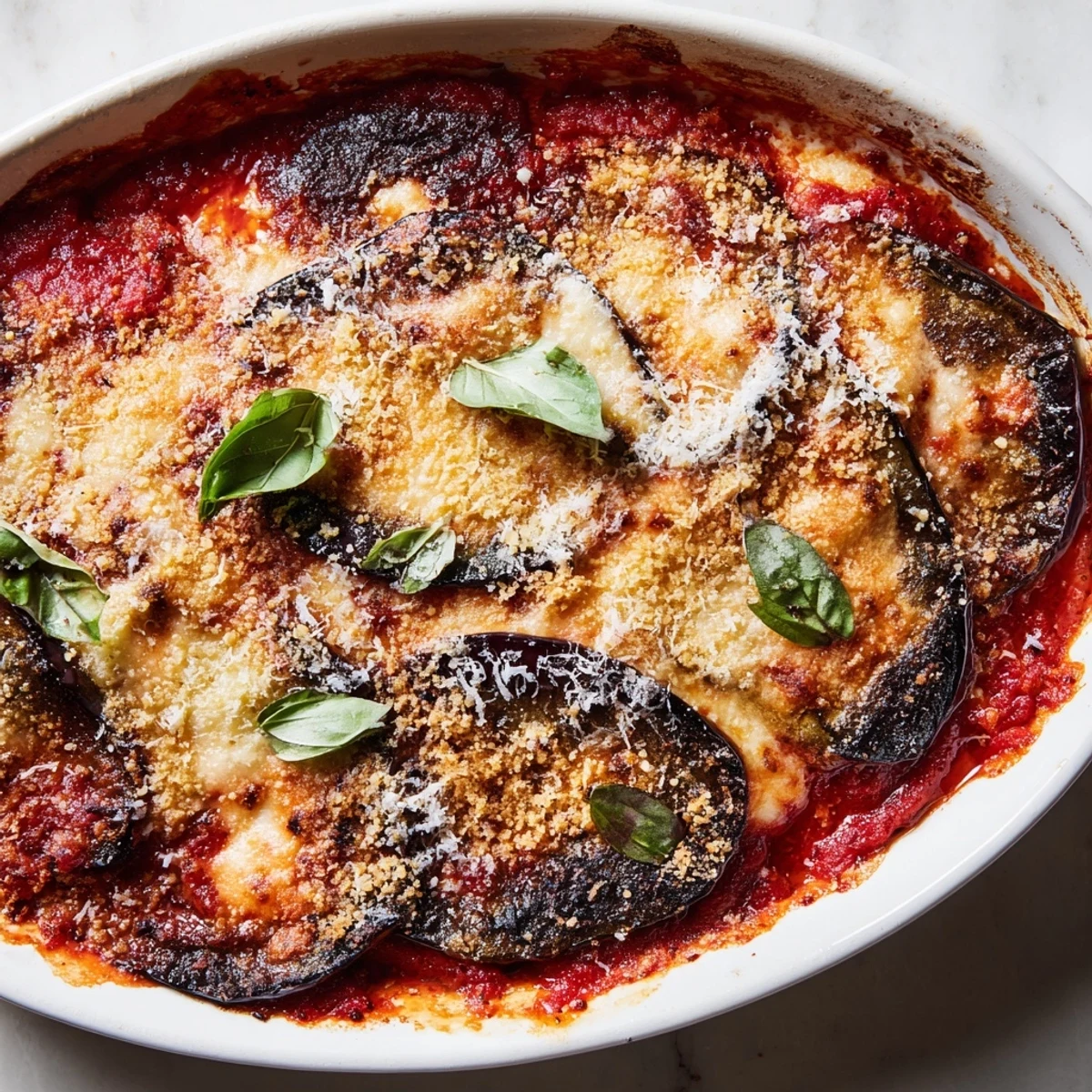 Hearty Charred Aubergine Parmigiana rests beside crusty bread and a simple green salad for dinner.