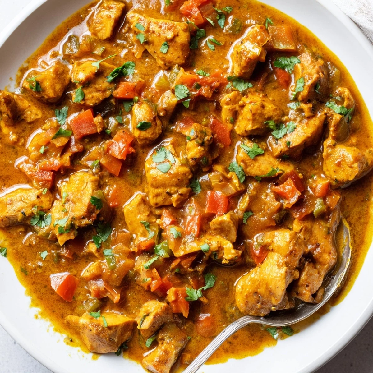 Savory Spiced Chicken Curry with Ginger, Garlic & Jalapeño steaming in a bowl, garnished with fresh cilantro and served with fluffy basmati rice.