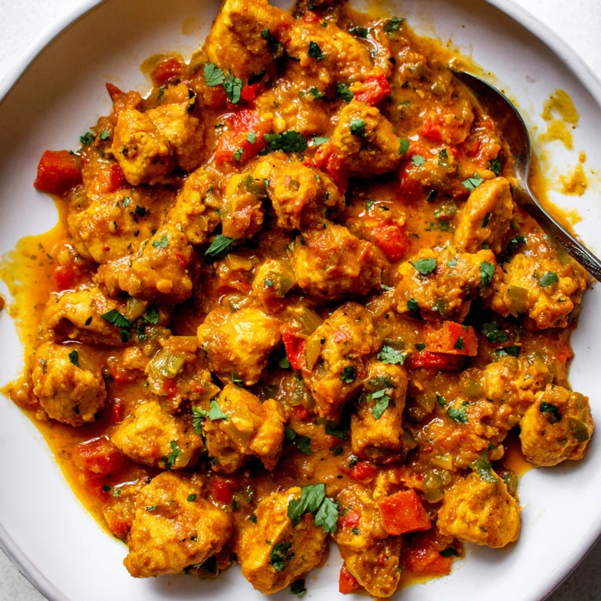 Spiced Chicken Curry with Ginger, Garlic & Jalapeño in a rustic ceramic dish, accompanied by warm naan bread and a sprinkle of fresh herbs.