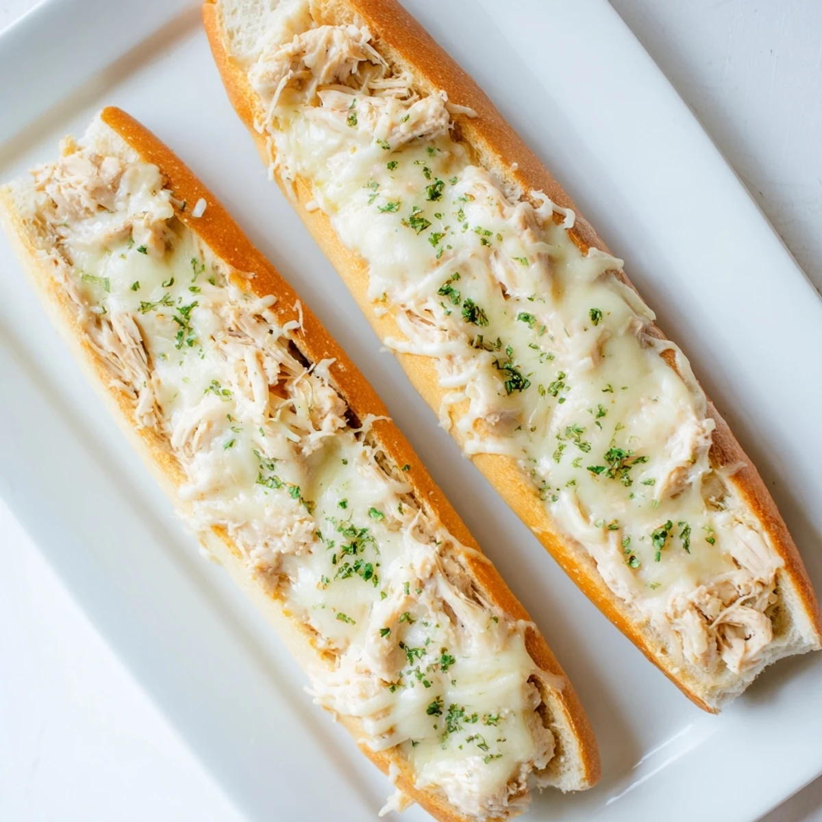 Golden melted mozzarella and provolone blanket warm chicken Alfredo spread across toasted garlic bread.