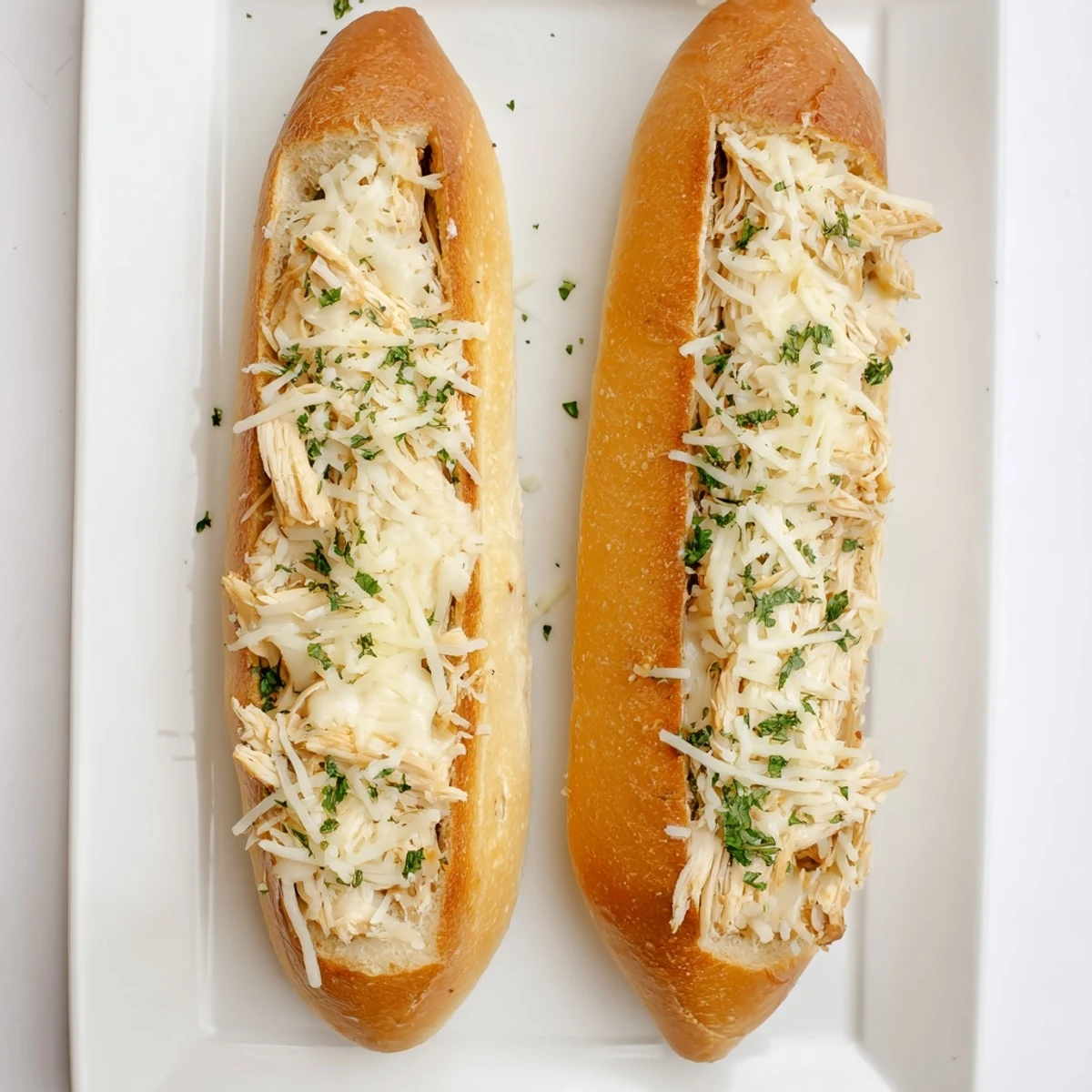 Fork tender chicken pieces nestle in creamy sauce atop crispy, buttery bread base.