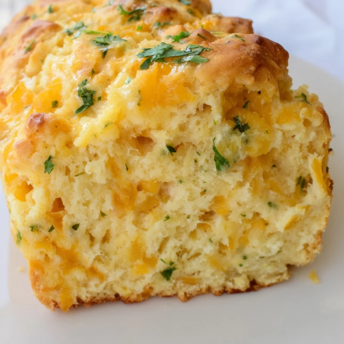 Sliced piece of Red Lobsters Cheddar Bay Biscuit Loaf showing fluffy interior and melted cheddar chunks.