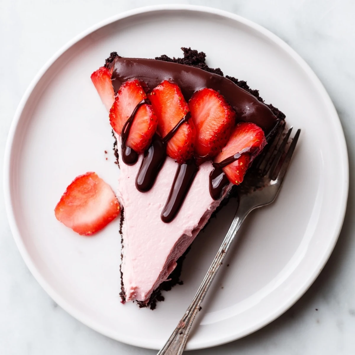 A slice of Chocolate Covered Strawberry Cheesecake on a white plate with fresh strawberry halves and chocolate drizzle.