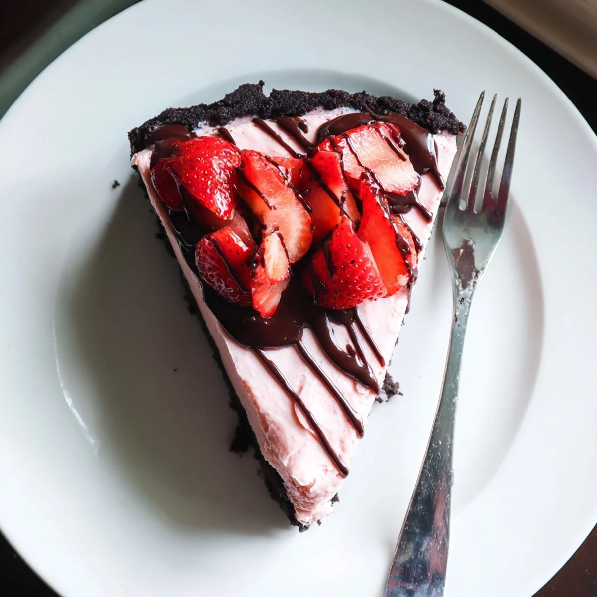 A close view of Chocolate Covered Strawberry Cheesecake showing the creamy filling and chocolate cookie crust.