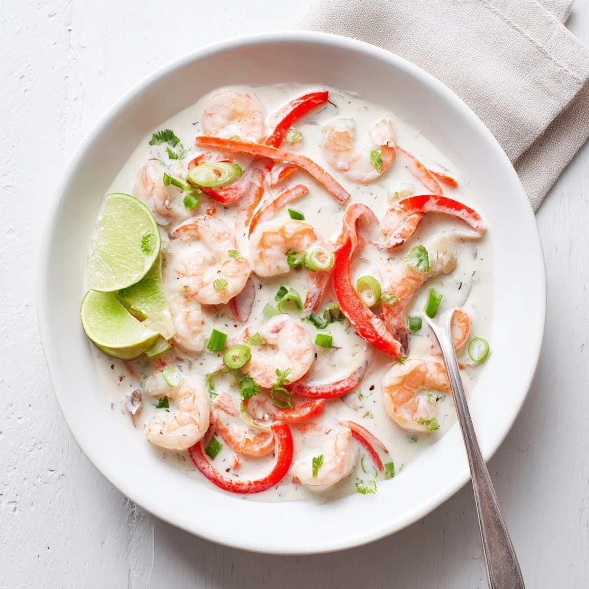 Garnished with fresh cilantro and lime wedges, the Creamy Coconut Shrimp Buffet Style shines on a platter.