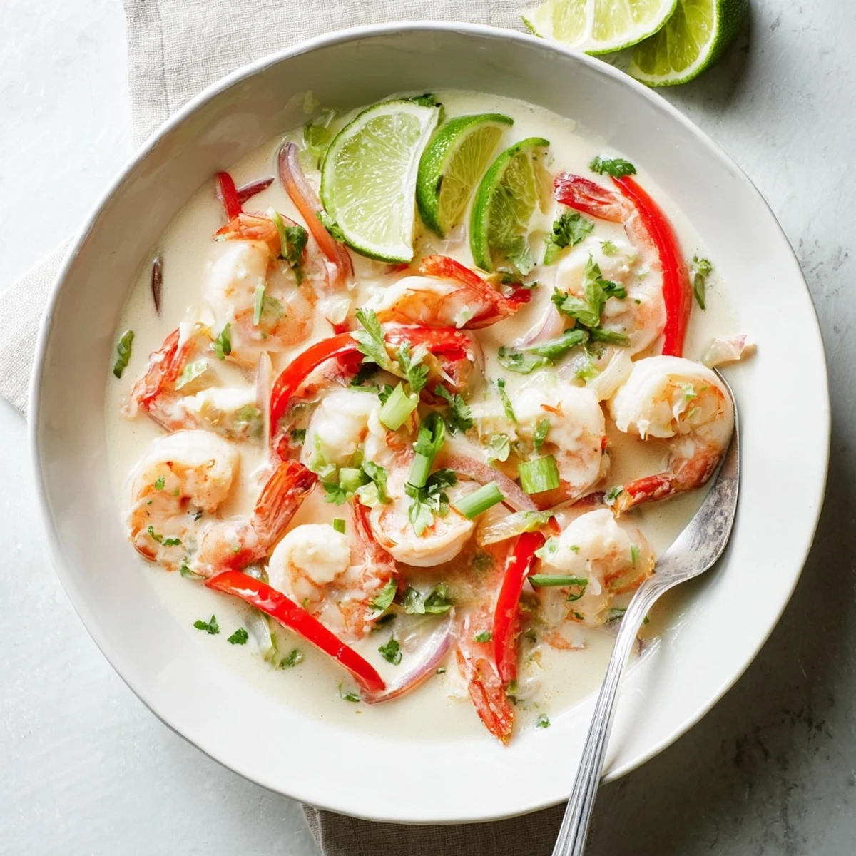 A serving of Creamy Coconut Shrimp Buffet Style steaming with aromatic coconut sauce over white rice.