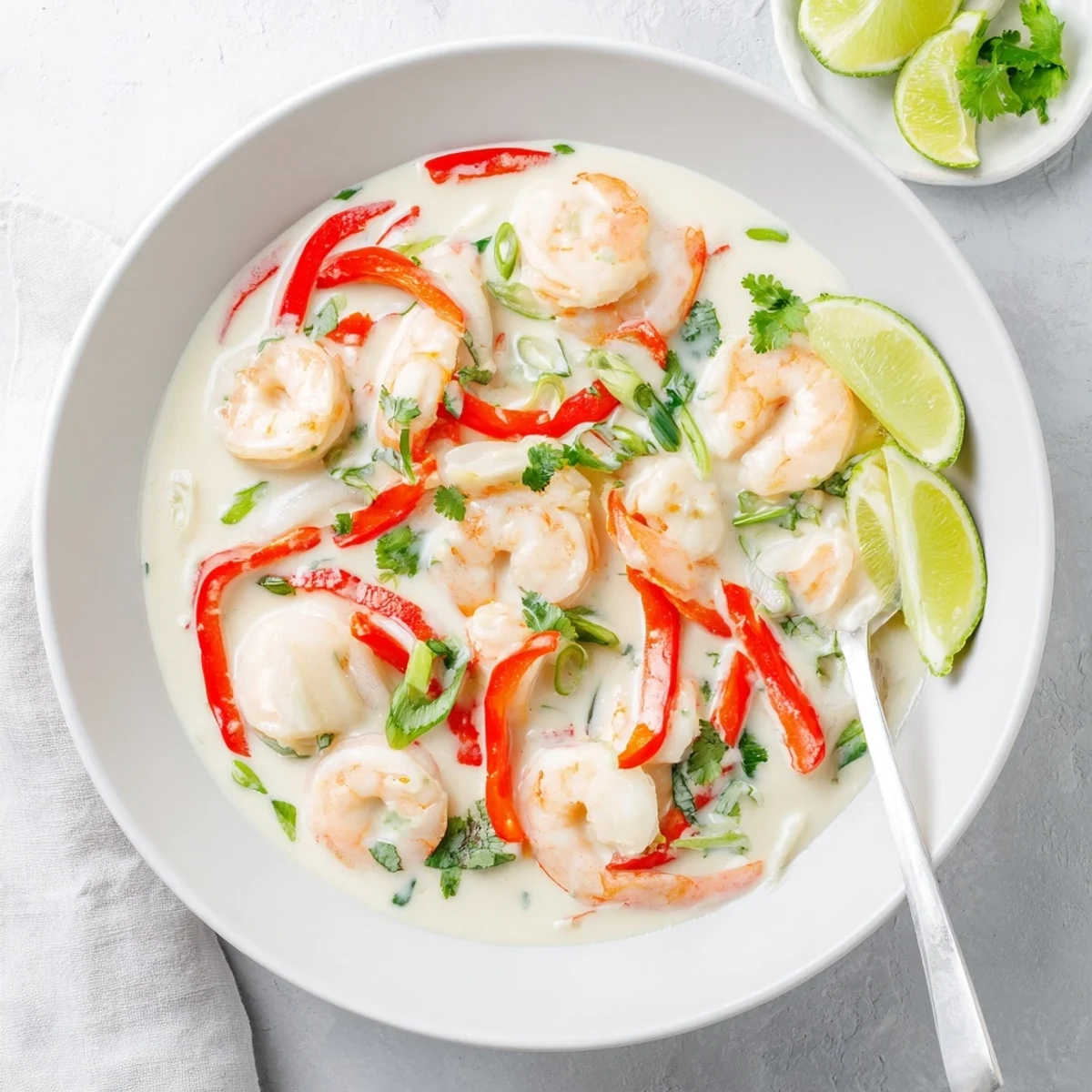 Plump pink shrimp in Creamy Coconut Shrimp Buffet Style nestled in a velvety sauce with bell peppers.