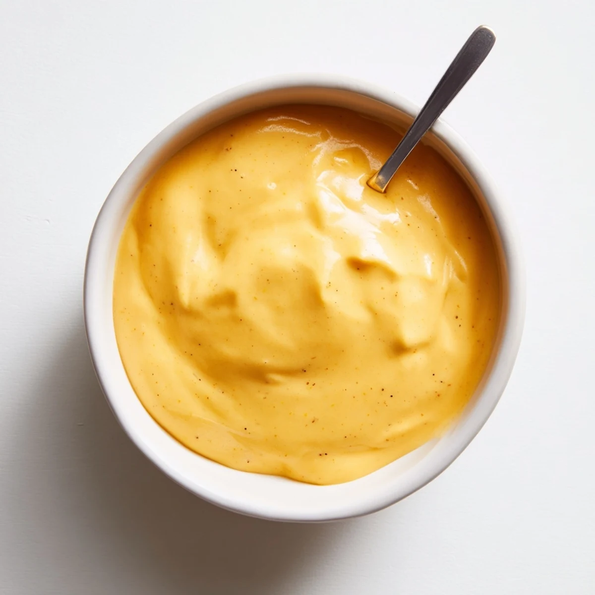 Steam rises from a warm bowl of Snappy Cheddar Sauce, drizzled over steamed broccoli florets.