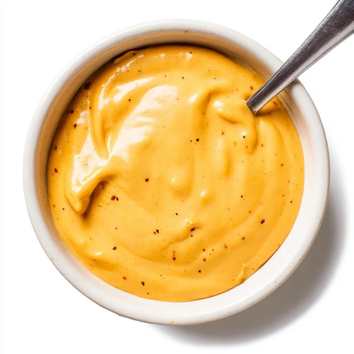 A glossy, vibrant batch of Snappy Cheddar Sauce being whisked in a saucepan.