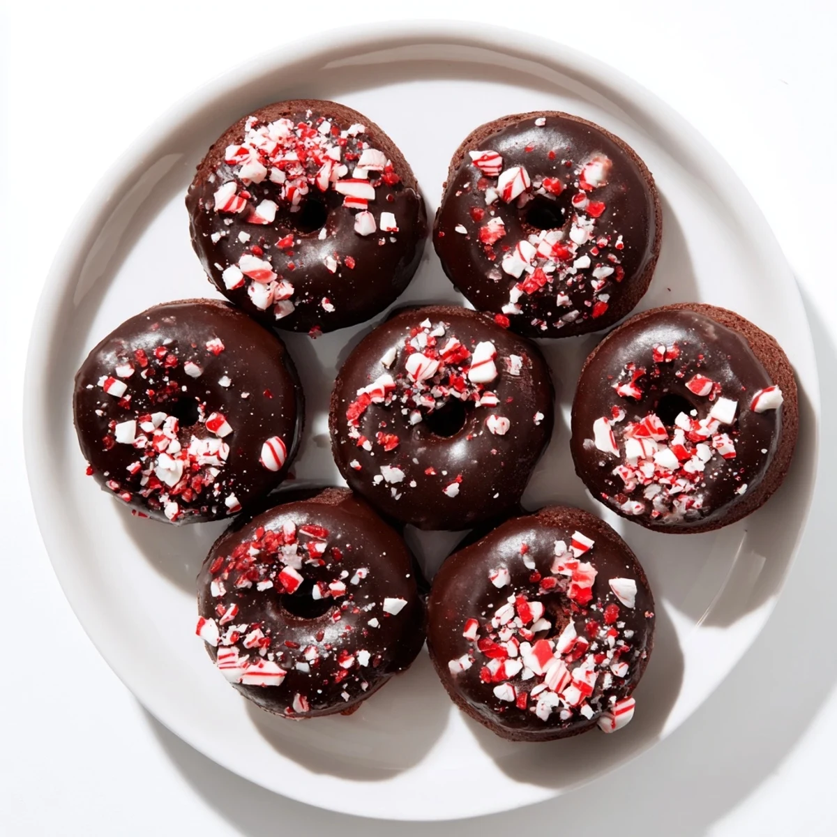 A festive platter of Chocolate Peppermint Mochi Donuts arranged on a wire rack with a bowl of peppermint toppings nearby. 