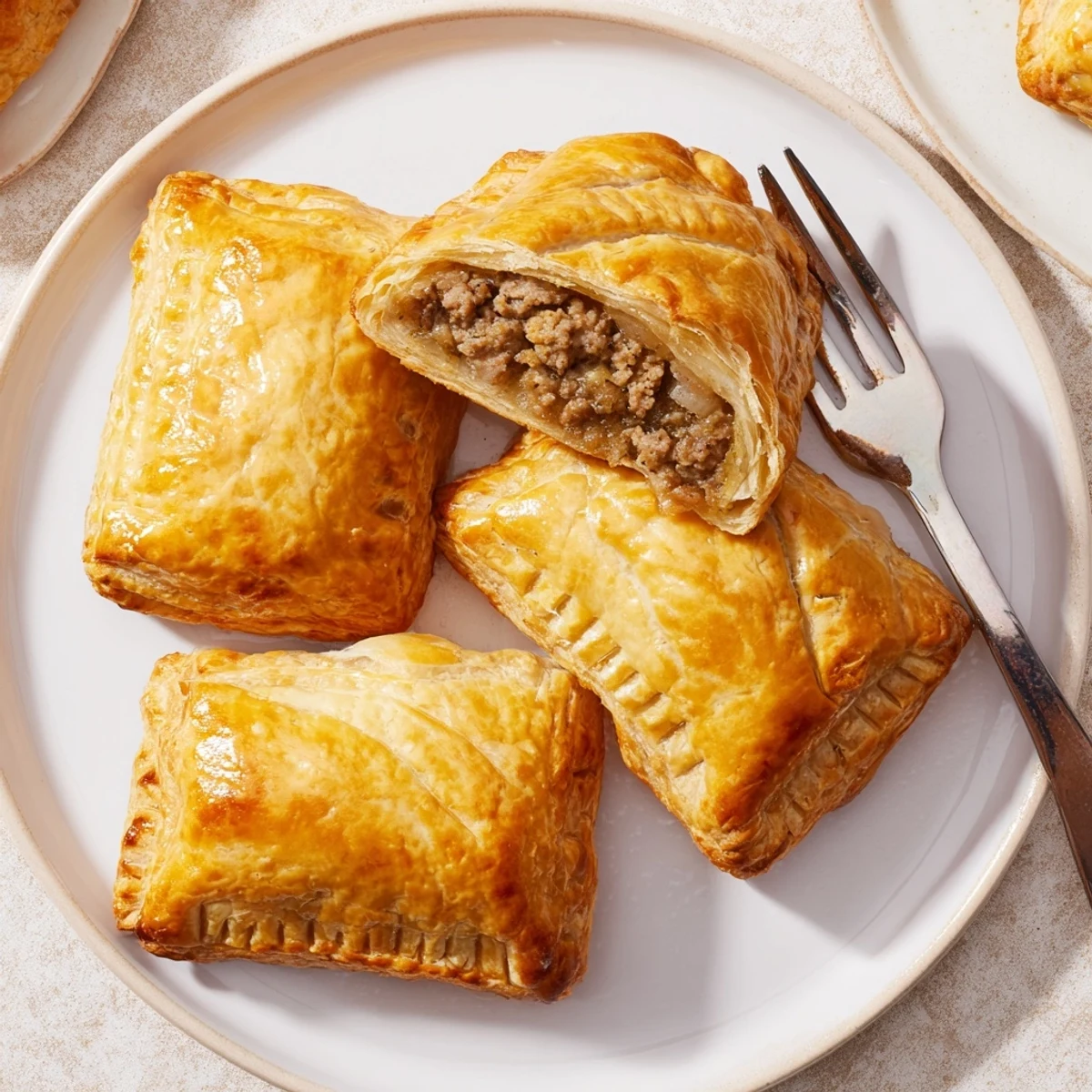 A rustic wooden board displays three Pate Chaud pastries, highlighting the crisp layers and juicy seasoned pork inside.
