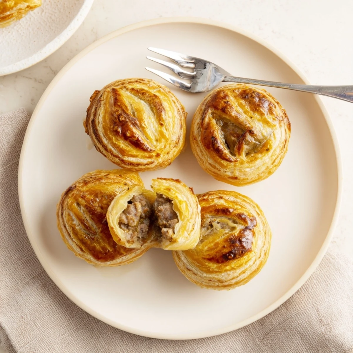 Close-up of a freshly baked Pate Chaud with golden, flaky puff pastry and savory pork filling, perfect for an appetizer or snack.
