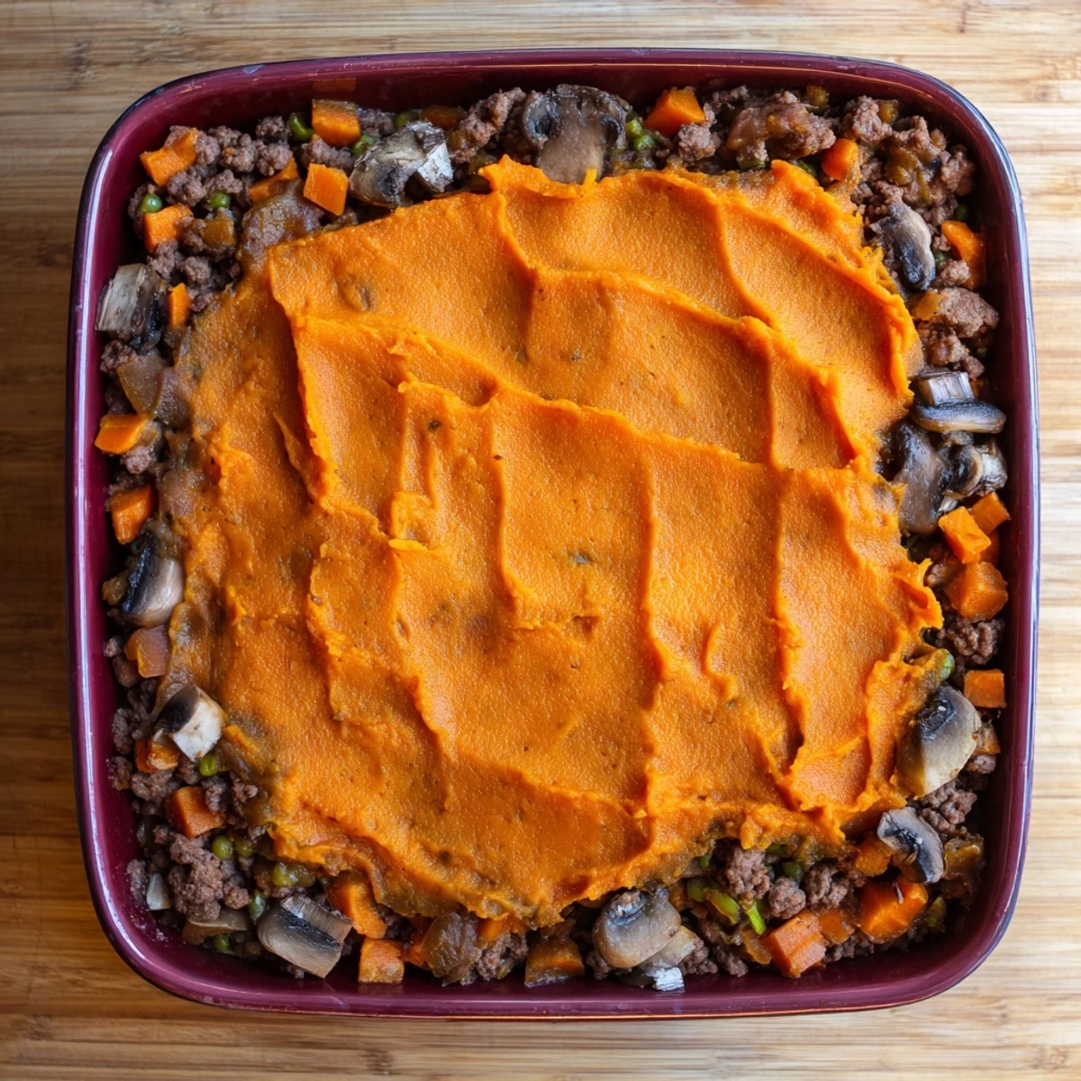 Golden-brown sweet potato mash crowns a bubbling Beef, Tomato & Mushroom Cottage Pie, with rich red sauce peeking through.