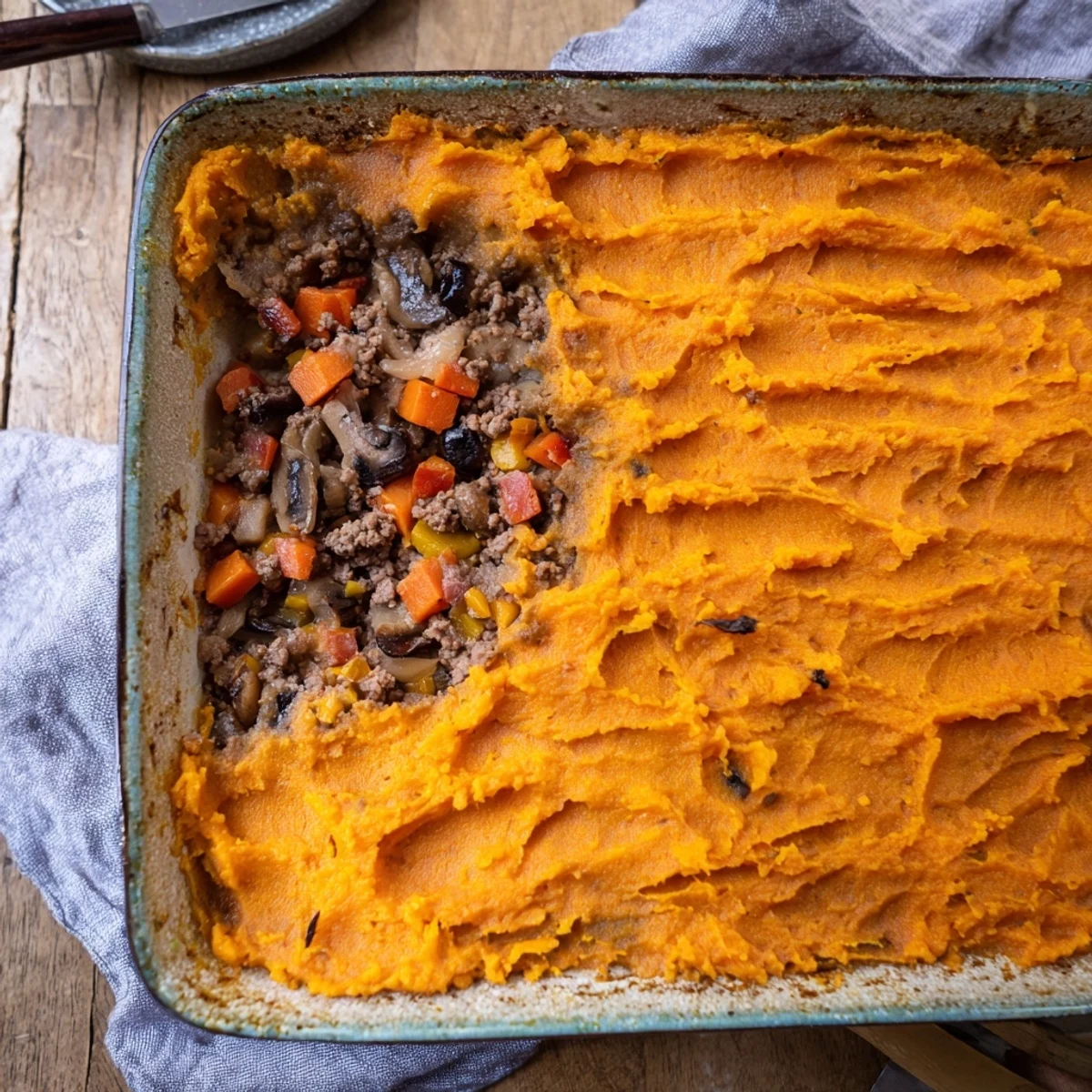 Freshly baked Beef, Tomato & Mushroom Cottage Pie sits beside a glass of red wine on a rustic table.