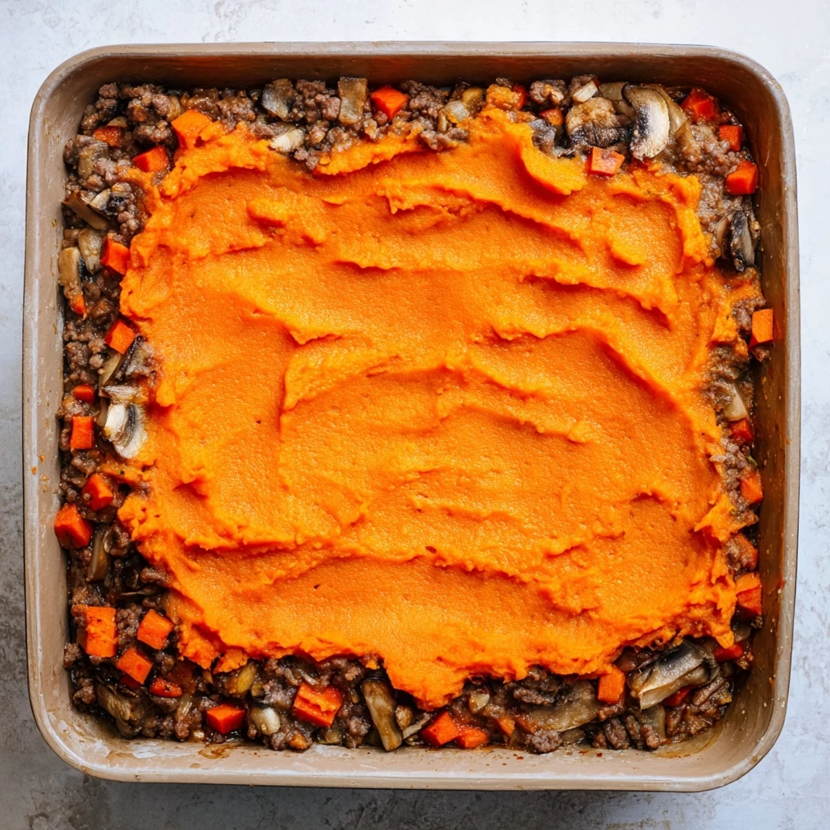 A close-up shows the creamy sweet potato topping of the savory Beef, Tomato & Mushroom Cottage Pie, ready to serve.