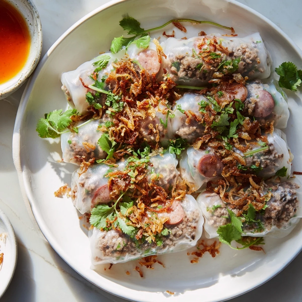 Steamed Banh Cuon rice rolls display silky textures with pork and mushroom filling on a ceramic platter topped with fresh bean sprouts.