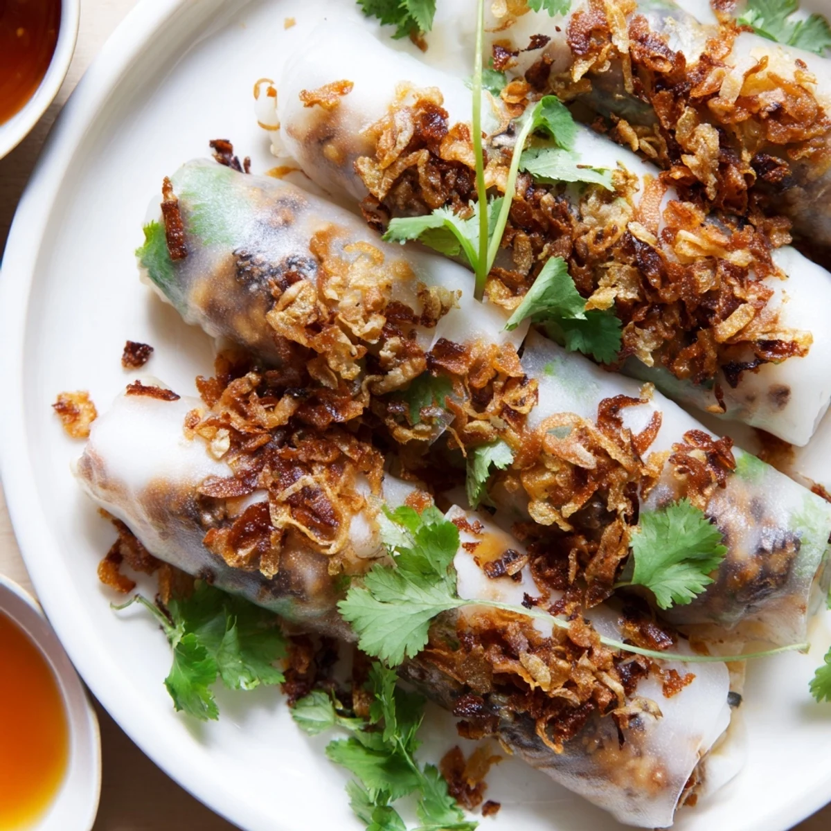 Thick Banh Cuon rolls rest on a white plate beside a small bowl of nuoc cham and vibrant herb garnishes.