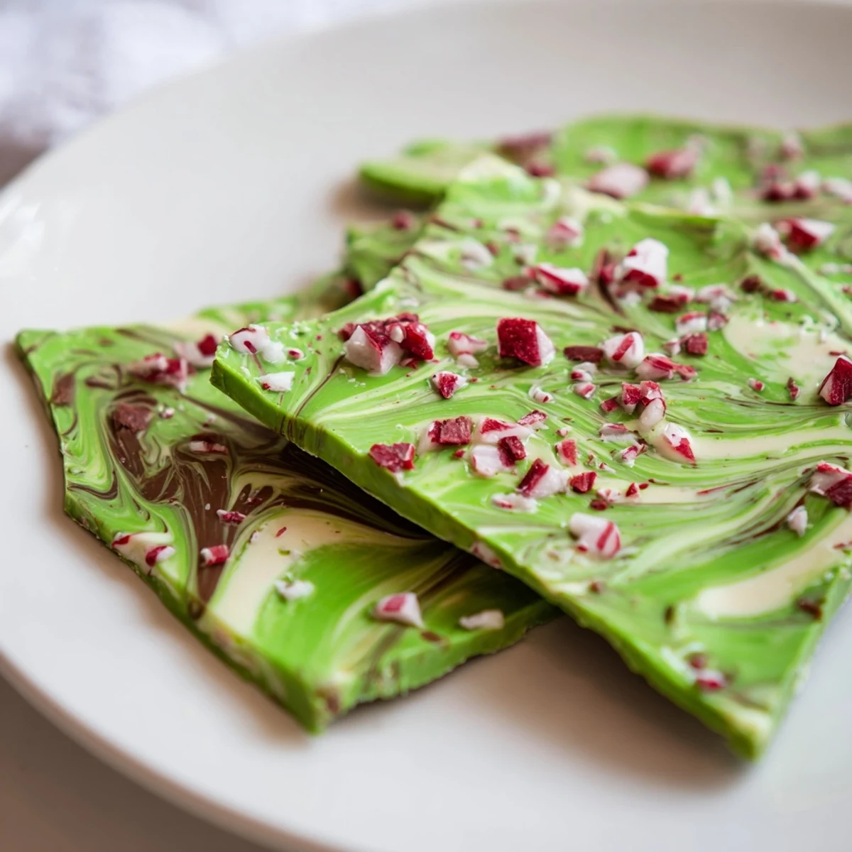 A close view of marbled Matcha Peppermint Bark with creamy white chocolate and earthy green tea swirls.