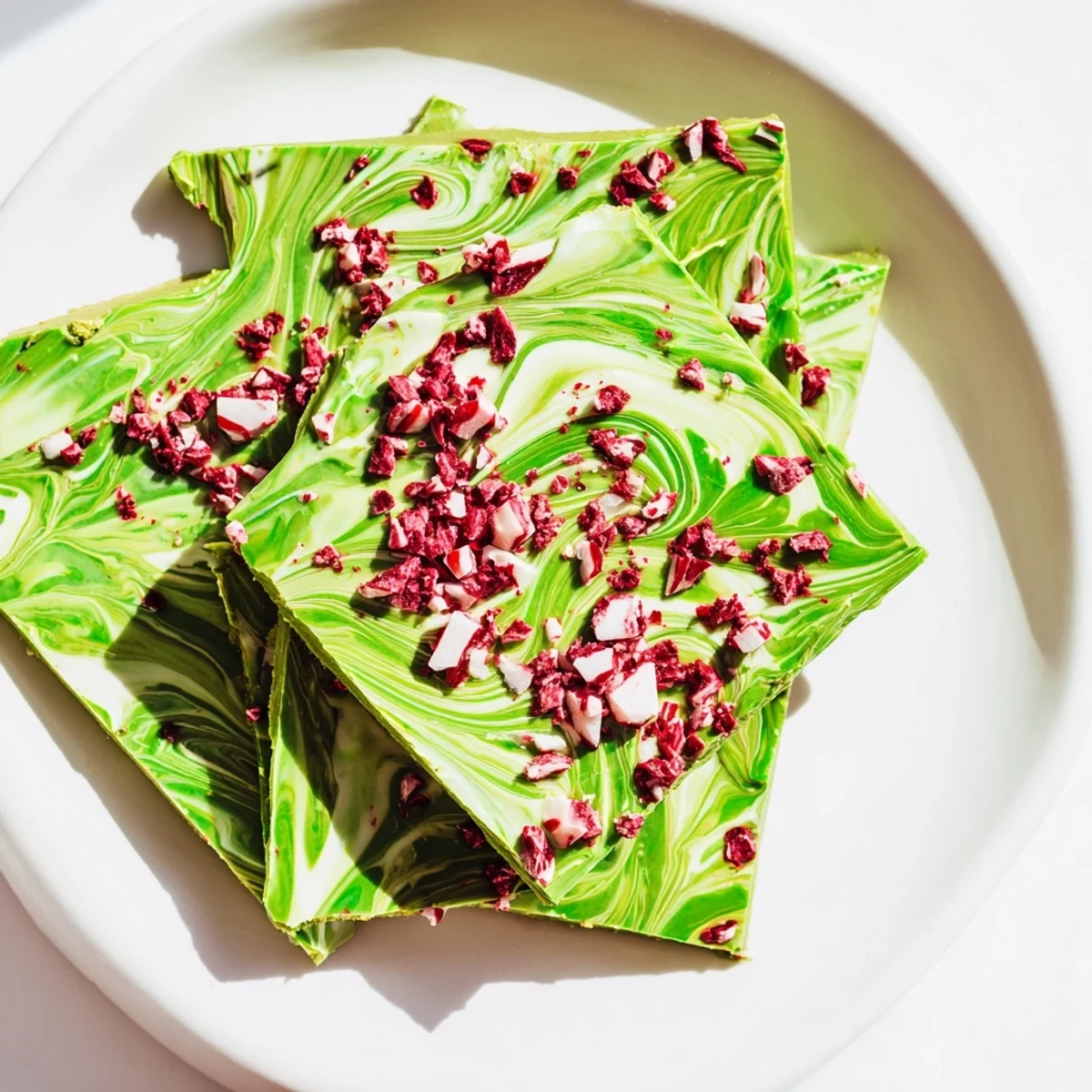 Hand holding a piece of festive Matcha Peppermint Bark against a rustic wooden table for seasonal inspiration.