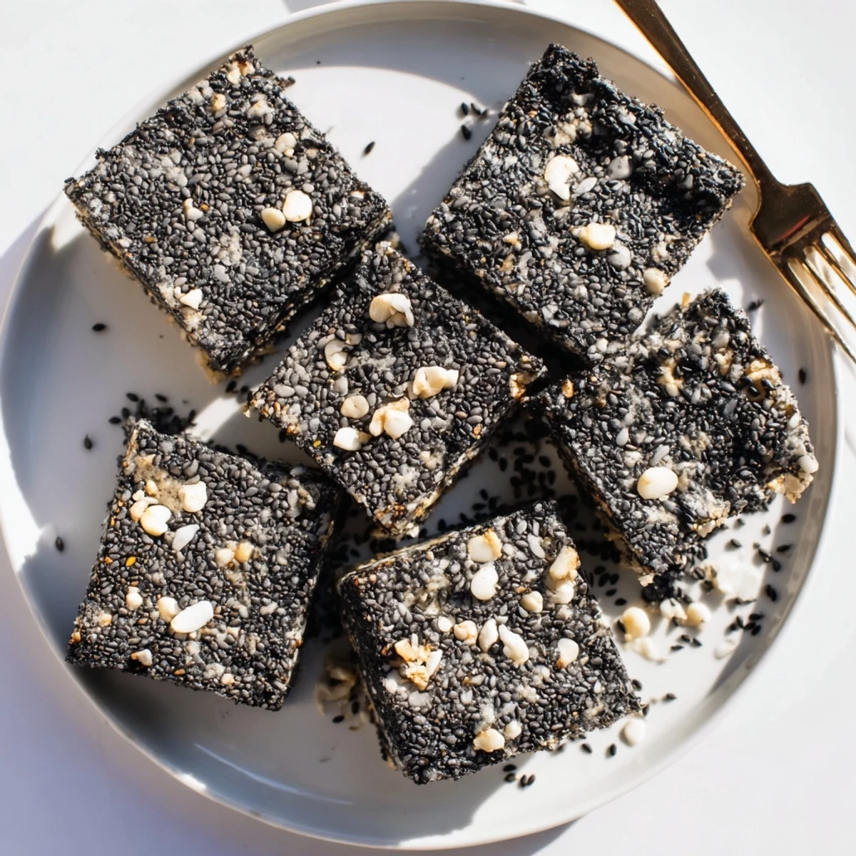 Warm, golden squares of Black Sesame Blondies on a wooden board, topped with toasted sesame seeds. 