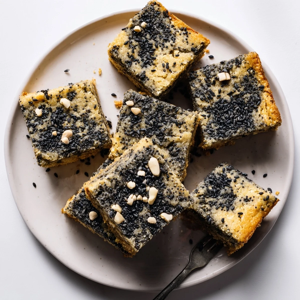 Stacked Black Sesame Blondies reveal a chewy, buttery crumb and a hint of nutty aroma.