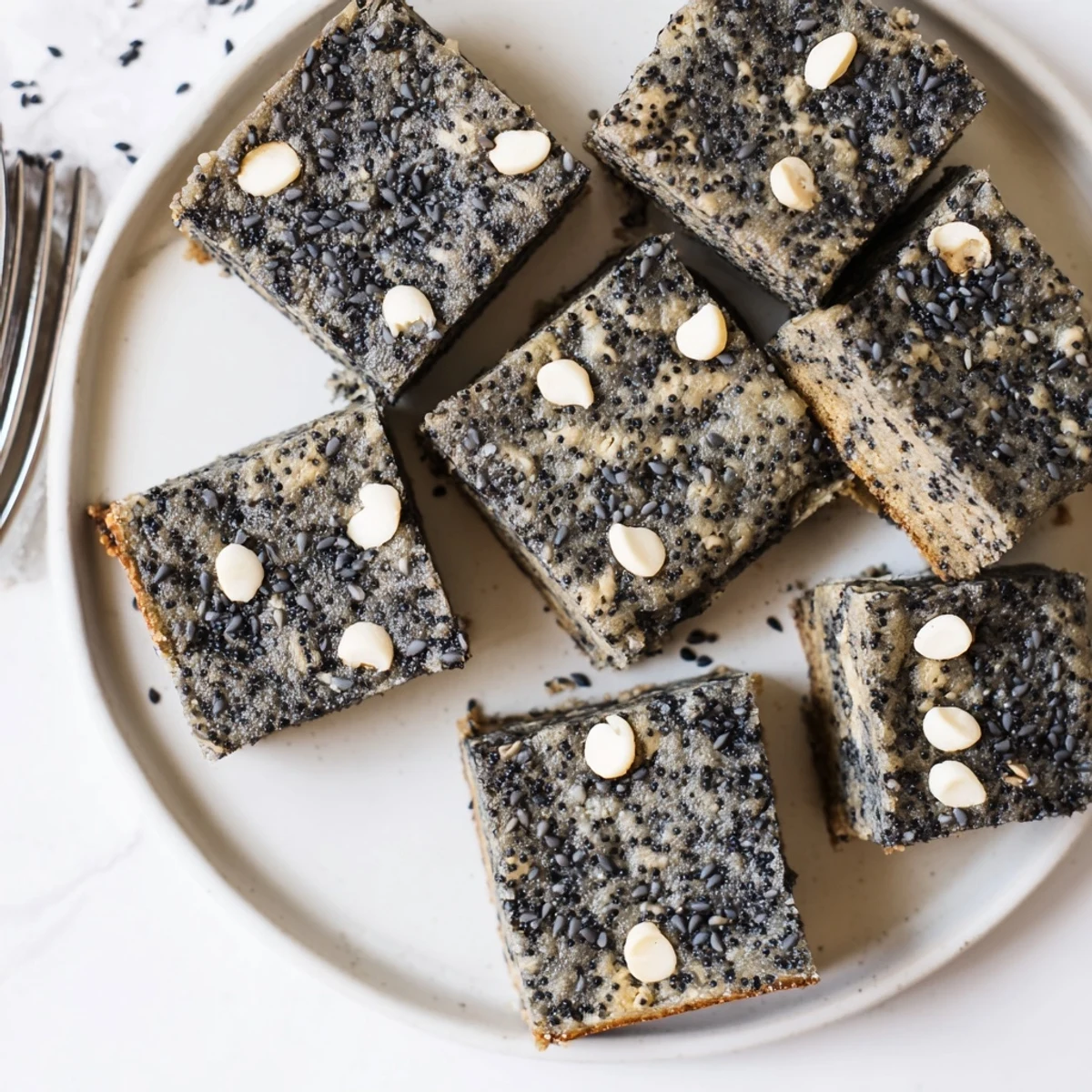 A close-up shows fudgy Black Sesame Blondies with white chocolate chips melting into the edges. 