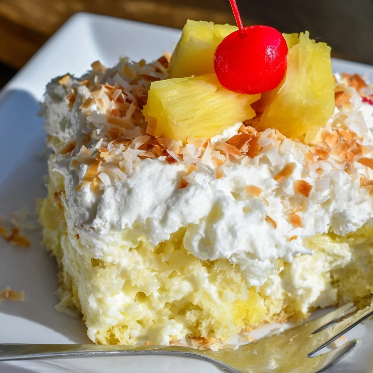 Hawaiian Poke Cake with fluffy whipped topping and golden toasted coconut flakes garnish