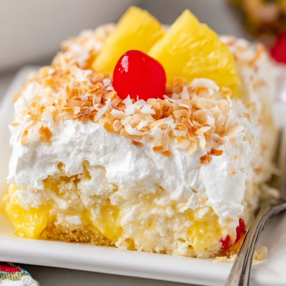 Tropical Hawaiian Poke Cake featuring creamy pudding filling and sweet pineapple chunks