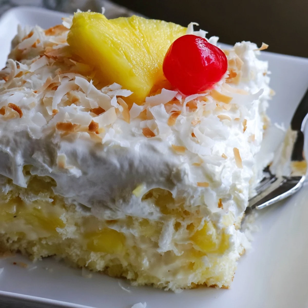 Slice of chilled Hawaiian Poke Cake topped with white whipped cream and coconut