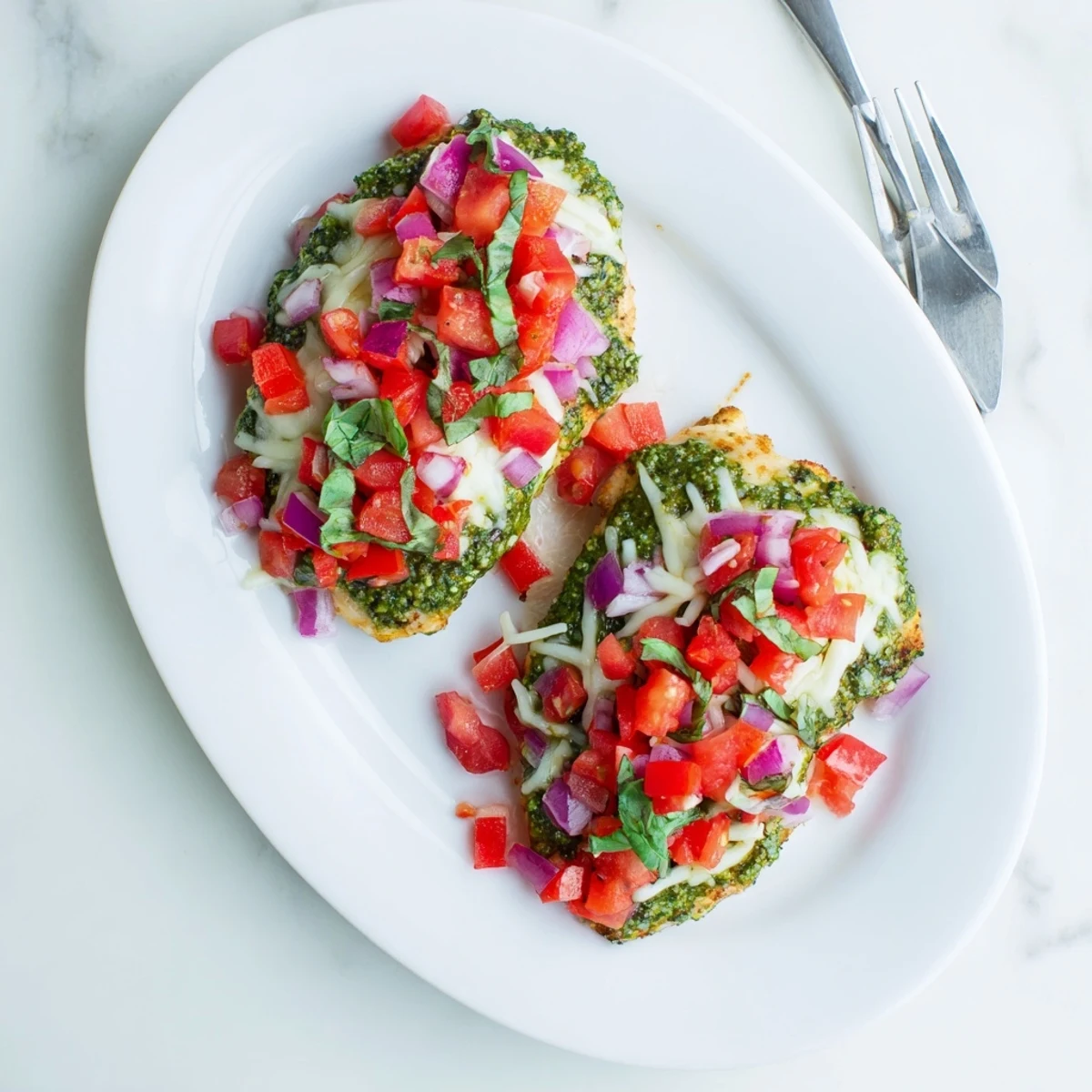 Golden baked Pesto Bruschetta Chicken topped with melted mozzarella and fresh tomato basil topping