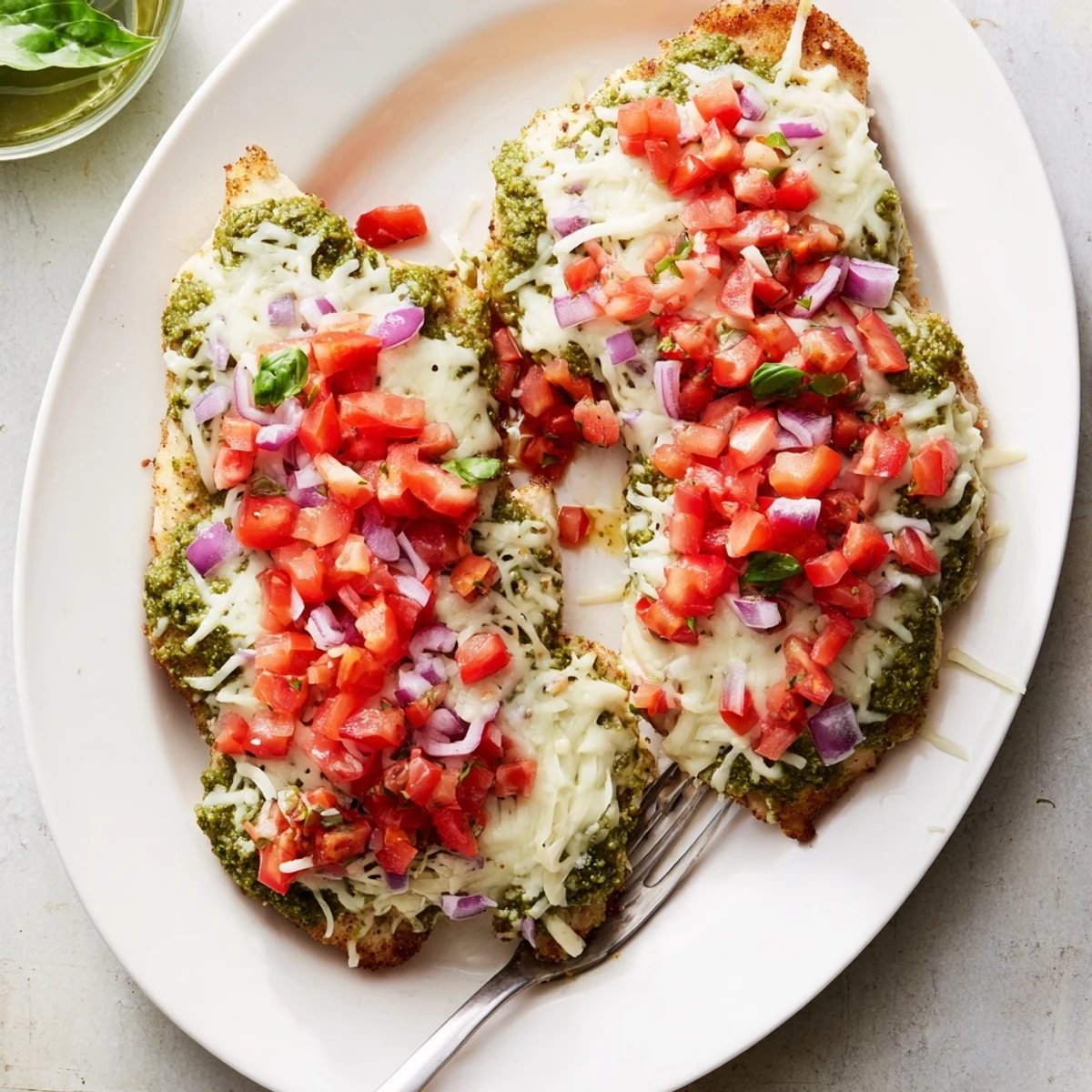 Savory chicken breasts layered with green pesto and colorful bruschetta under bubbly cheese