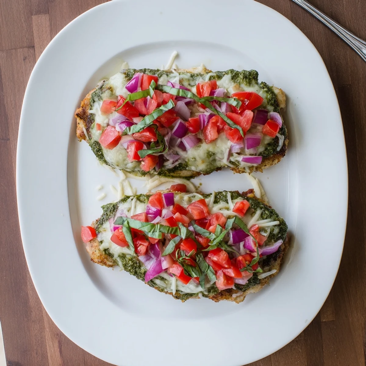 Italian-style Pesto Bruschetta Chicken served hot with juicy diced tomatoes and shredded mozzarella